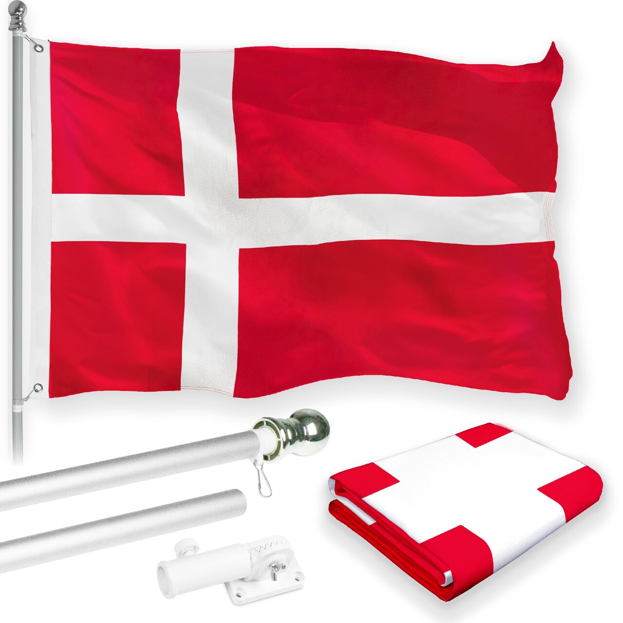 G128 Combo Pack: 6 Feet Tangle Free Spinning Flagpole (Silver) Denmark Danish Flag 3x5 ft Printed 150D Brass Grommets (Flag Included) Aluminum Flag Pole
